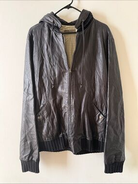 Mike & Chris Black Leather Hooded Bomber Jacket with Ribbed Trim